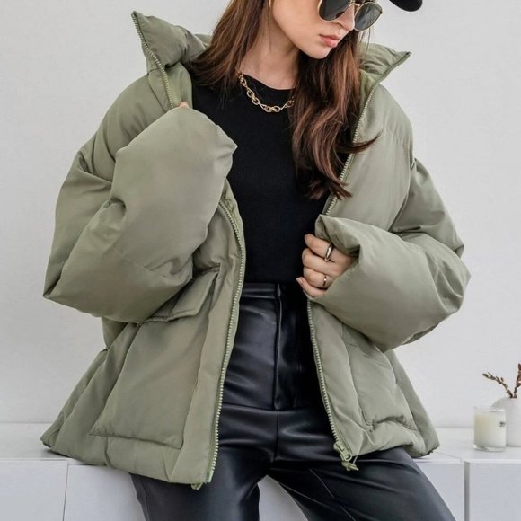Zip up Drawstring Hem Flap Pocket Puffer Coat Comfy fall winter green